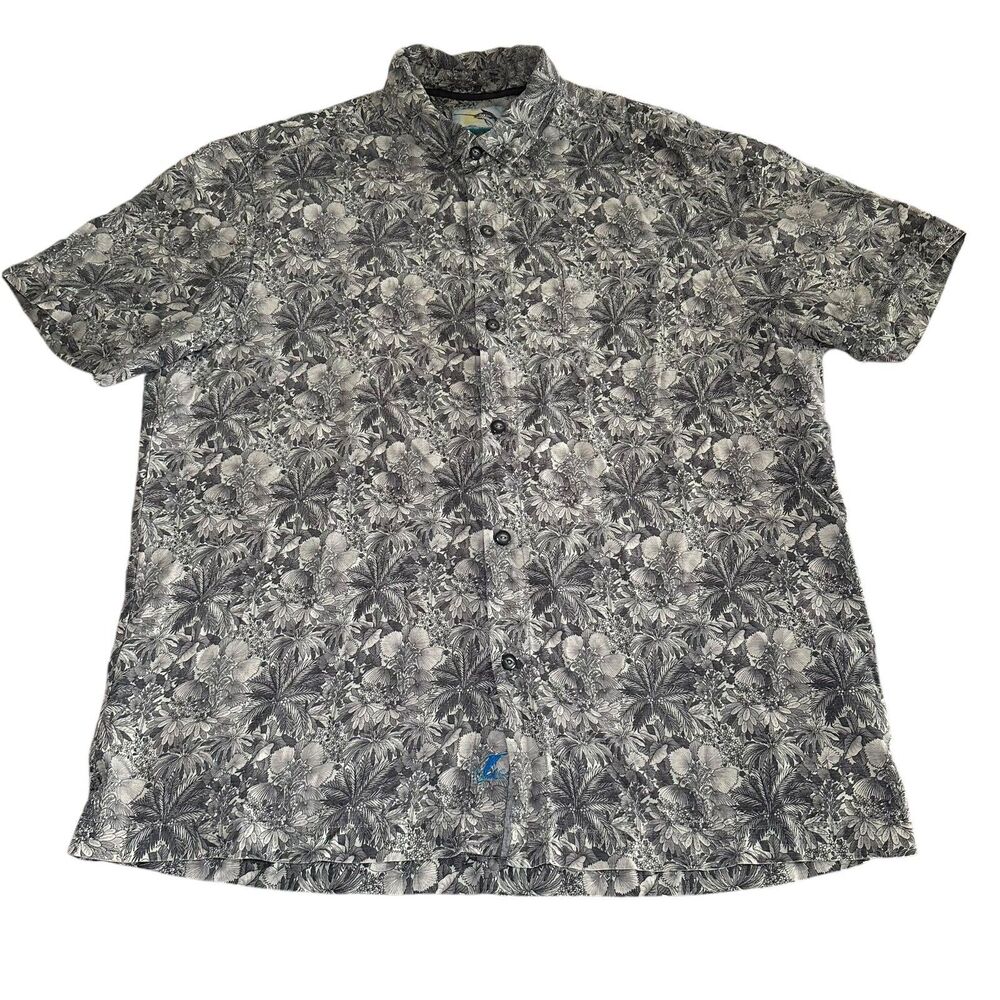 Tommy Bahama 100% Silk Button Up Shirt Men's Large Gray Floral Hawaiian Surf